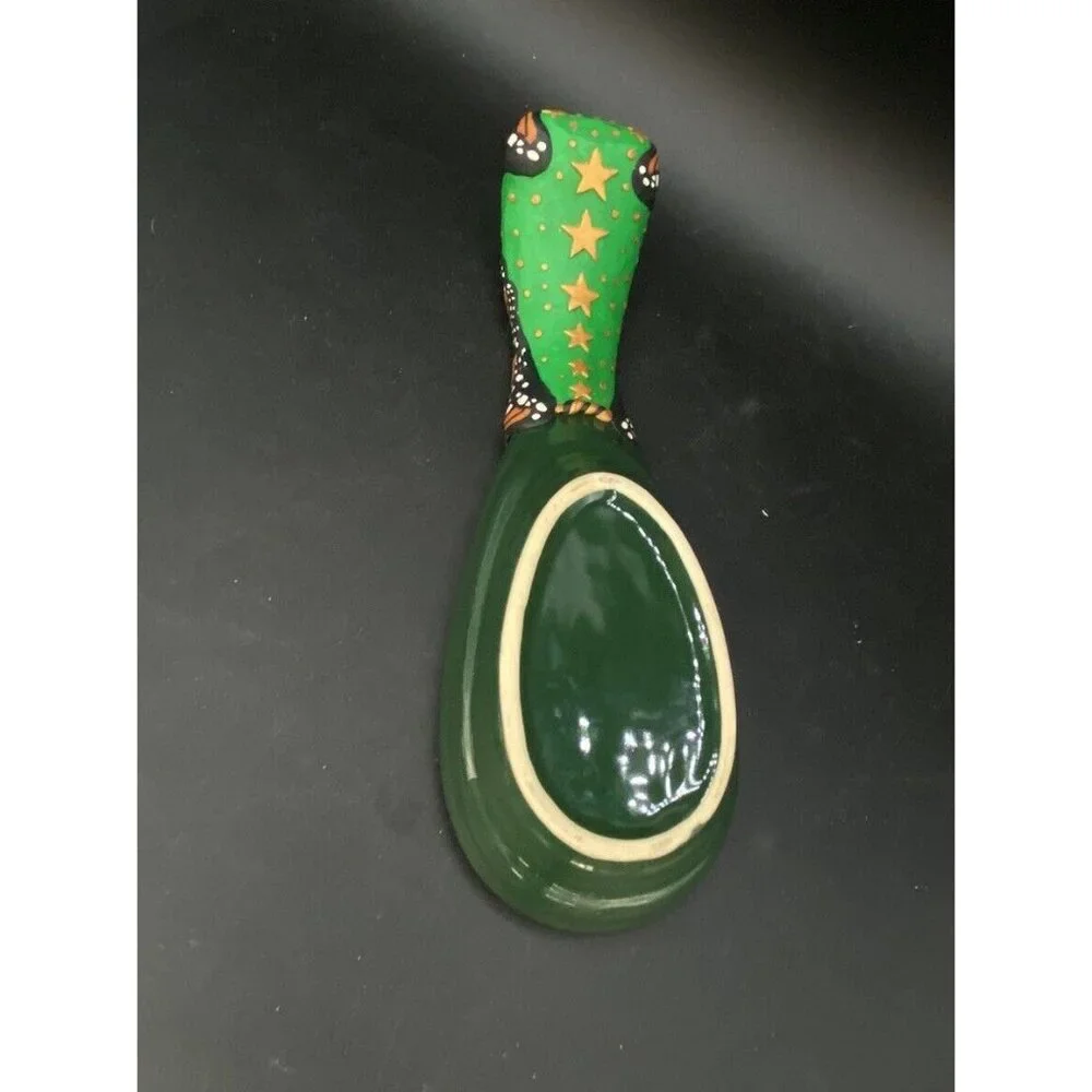 3D Butterfly & Stars Spoon Rest Ceramic & Silicone Handle 9” Green & Orange